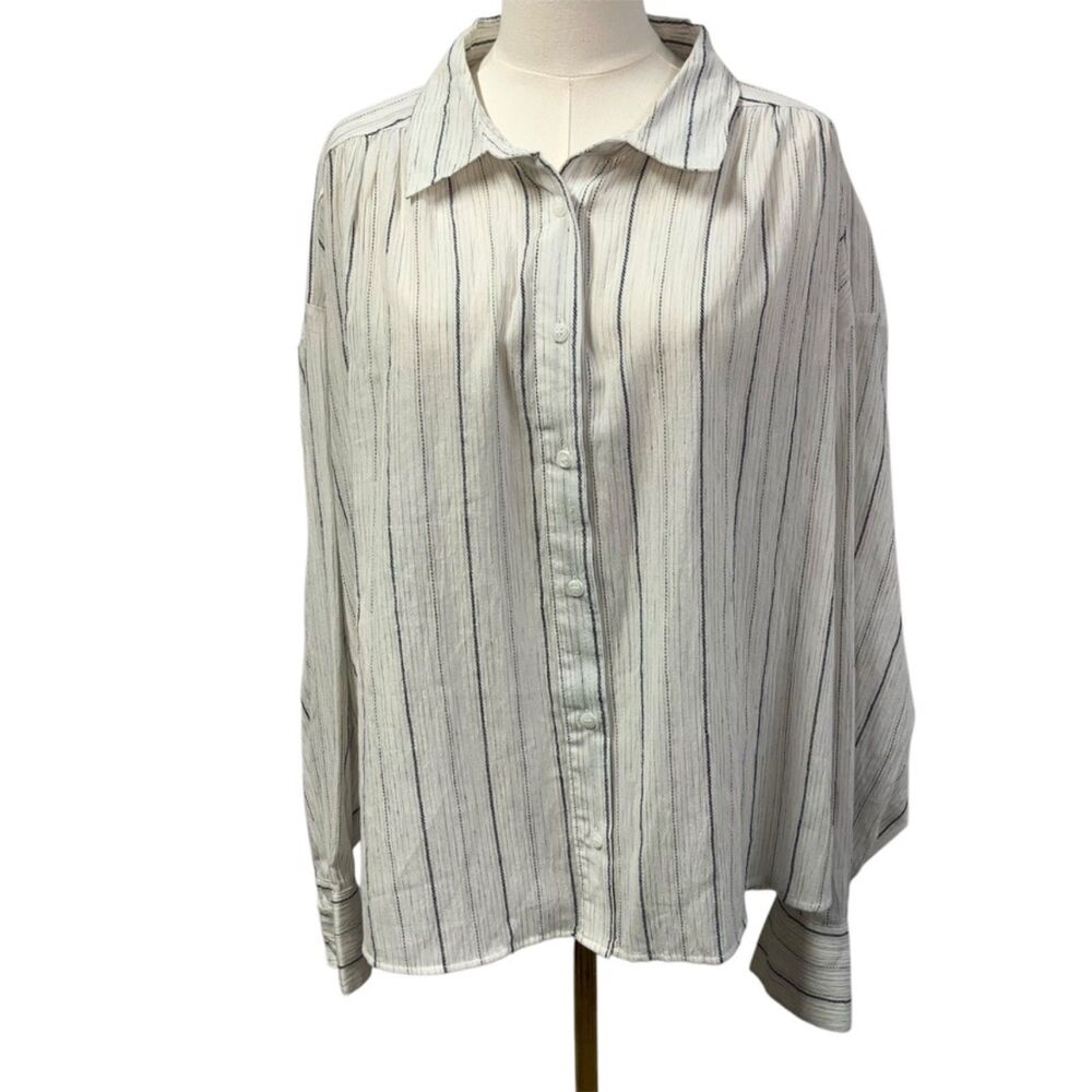 Lane Bryant No‎ Peek Button Up Top Womens 28 White Blue Striped New Spring